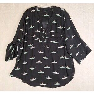 Torrid Harper Womens 3X Top Popover 3/4 Sleeve Roll Tab Black Dog Print Flowy